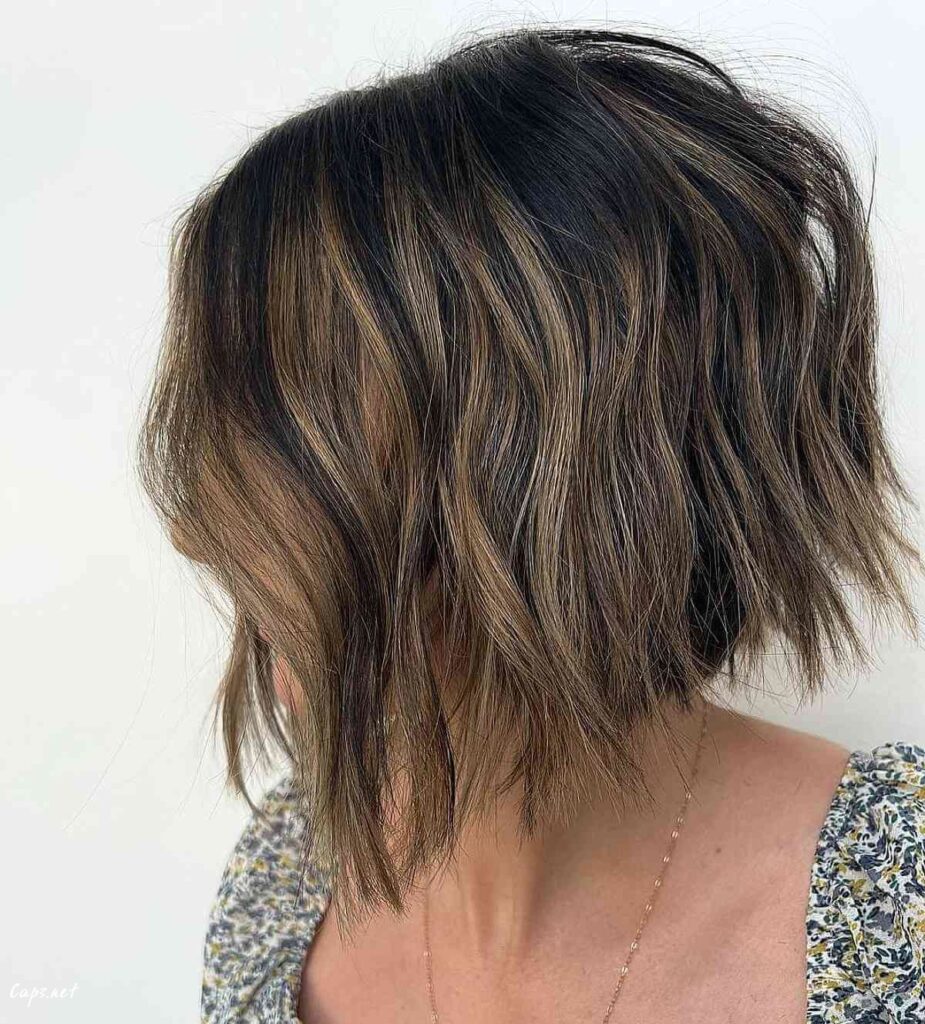 short lived in choppy bob with brown balayage