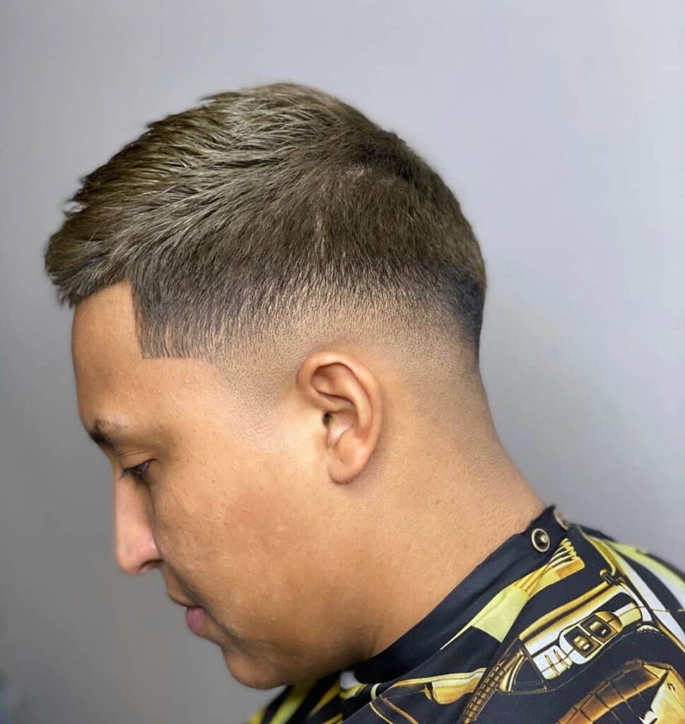 short crew cut with low bald fade