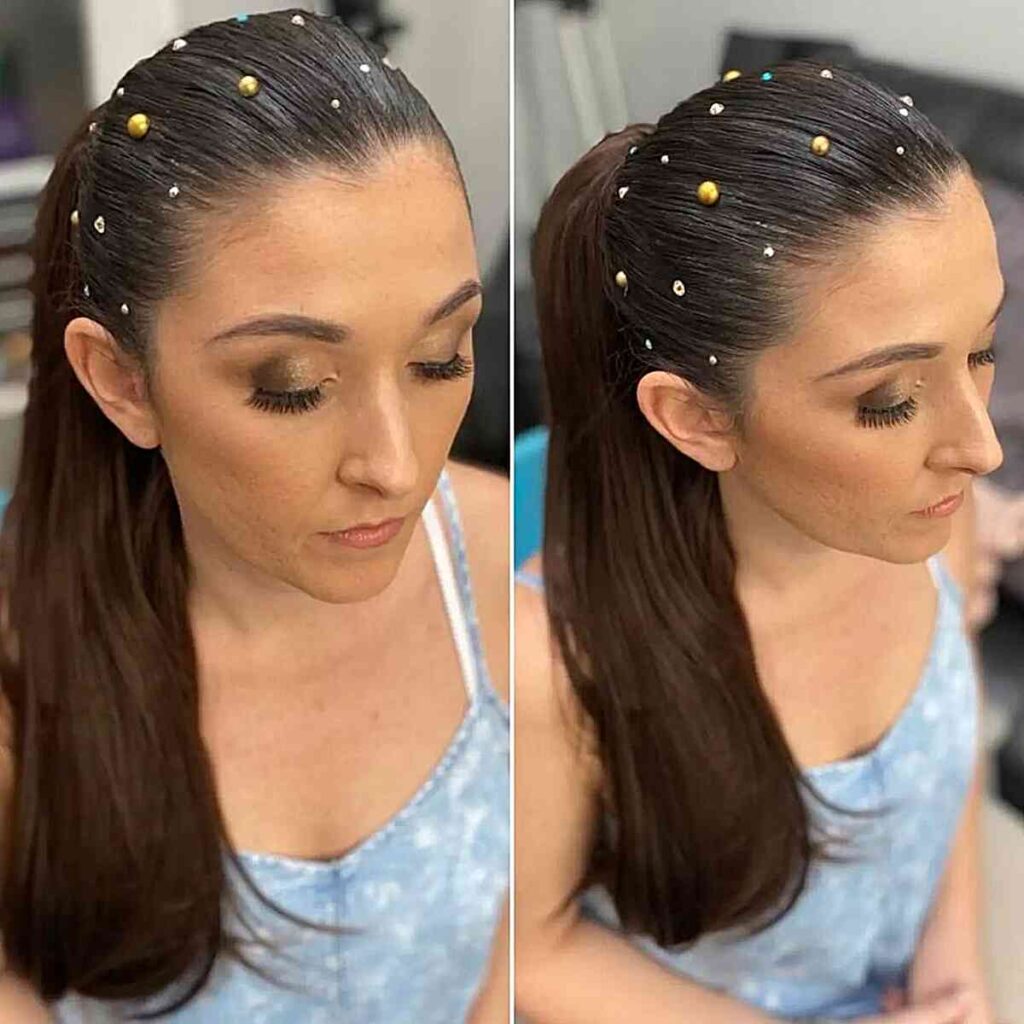 straight disco ponytail with gems