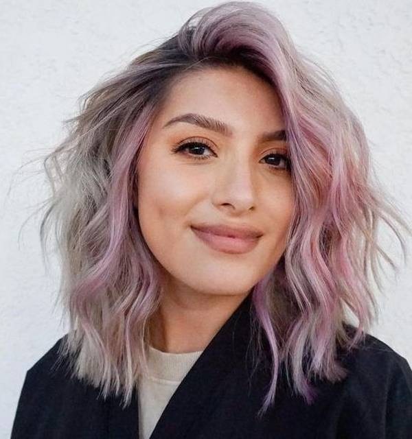 Chubby oval face haircuts with pink and blonde color