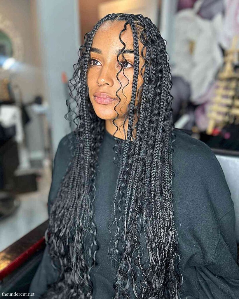bohemian knotless box braids with loose curls