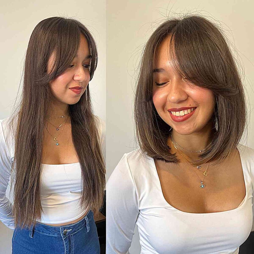 brown 90s inspired long bob with curtain bangs