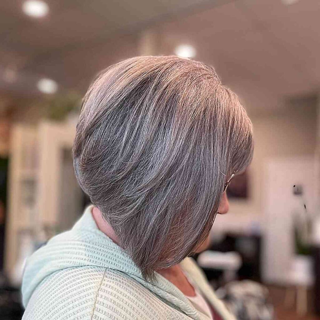 dark silver angled bob for older ladies with grey tresses