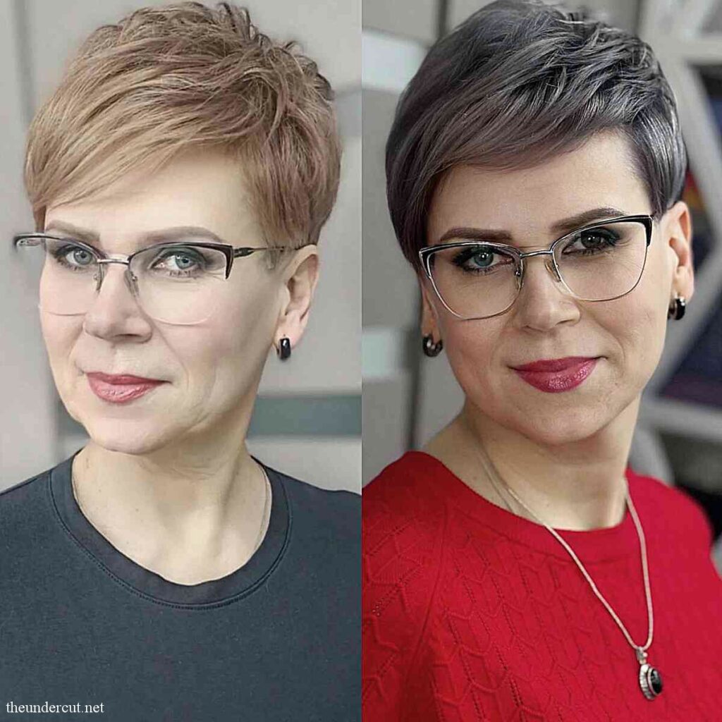 deep gray on side swept pixie for older ladies over 50 with glasses