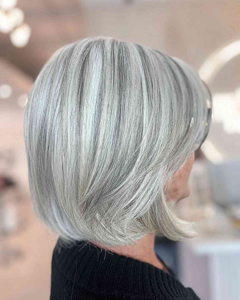 dimensional silvery grey bob with lowlights for older women