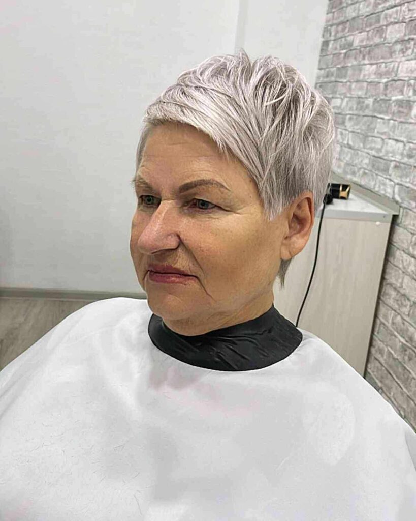 edgy pixie with platinum silver gray blonde for older women