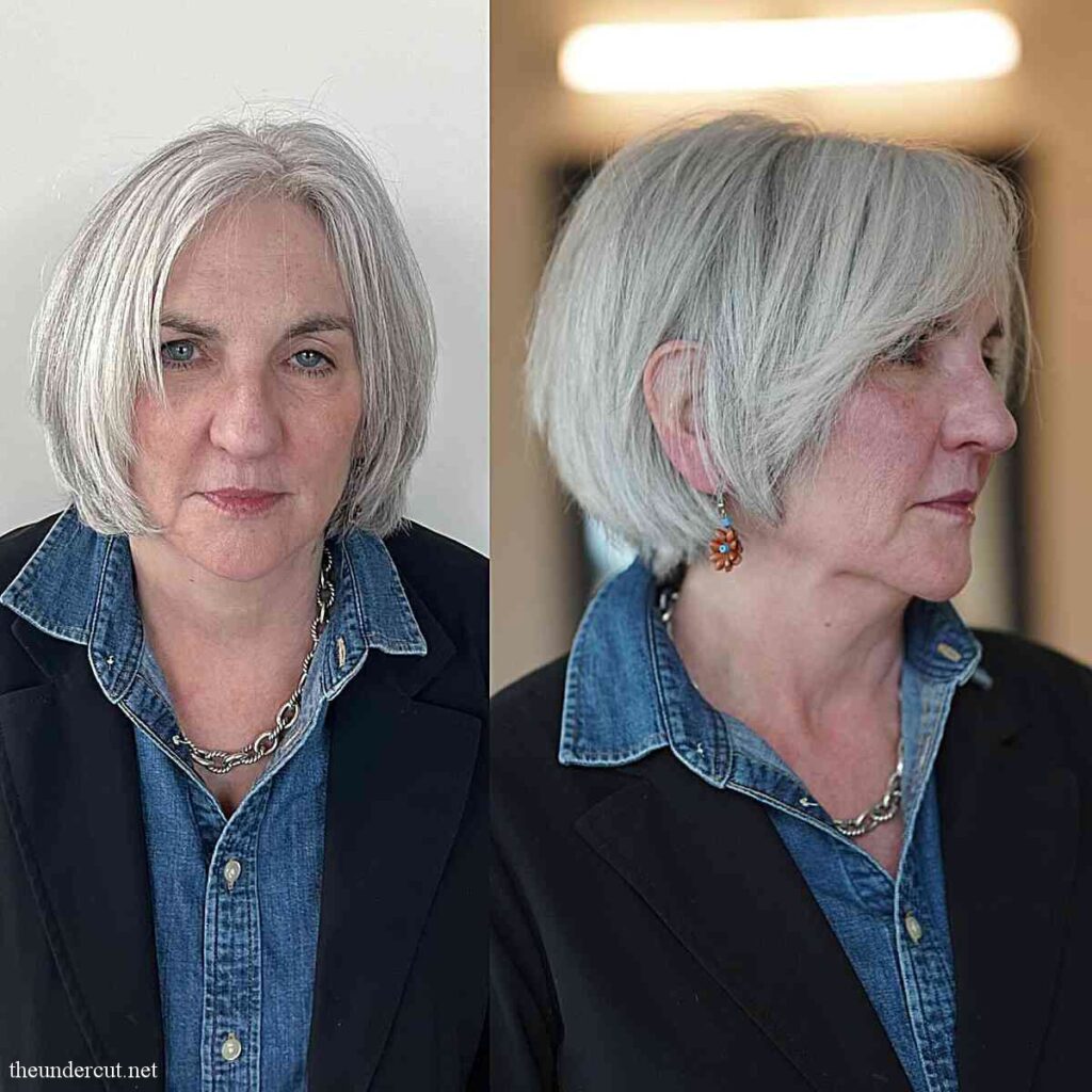 face framing short bobbed cut for thick haired 60 year olds