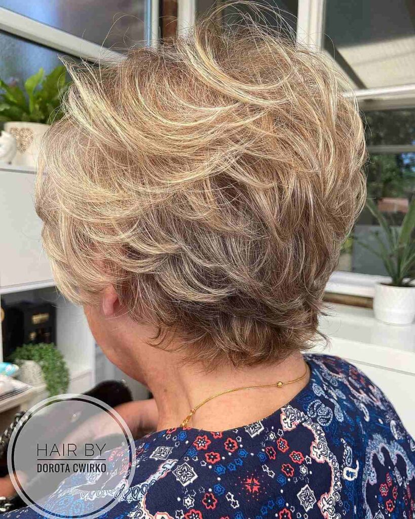 feathered pixie hair with balayage for old women