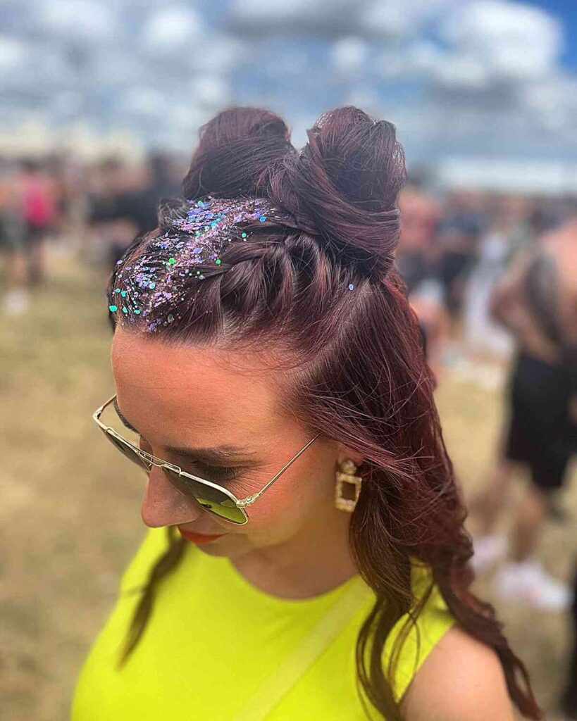 festival half up braided buns with glitter