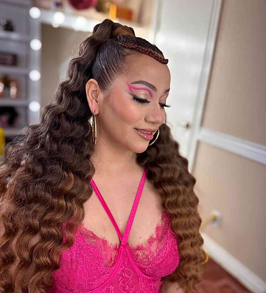 festival halo braids with high wavy ponytail