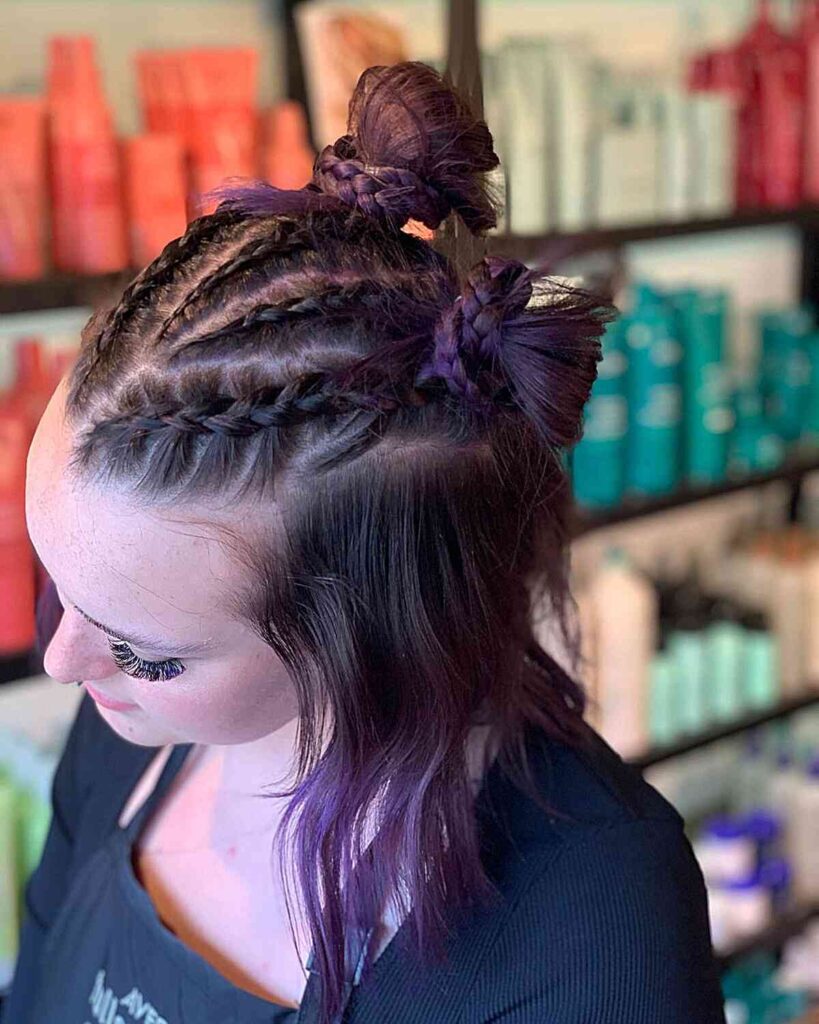 festival purple long bob with v shaped braids
