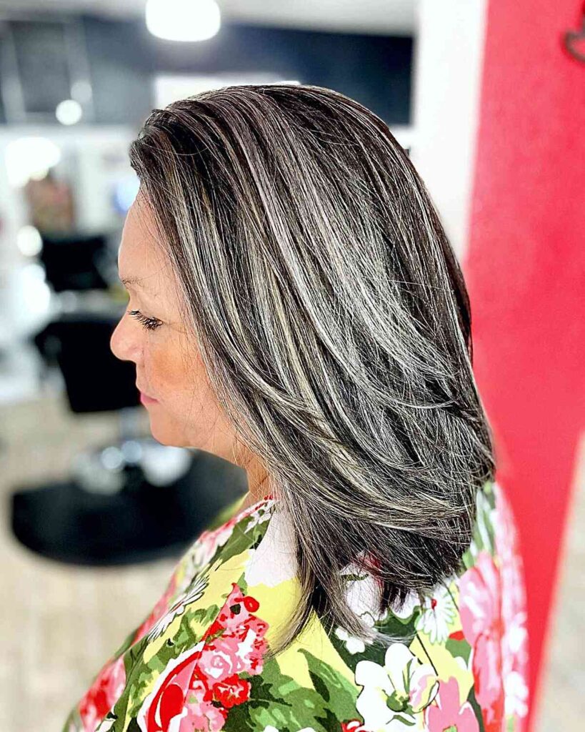 grey and silver highlights on older women with black hair