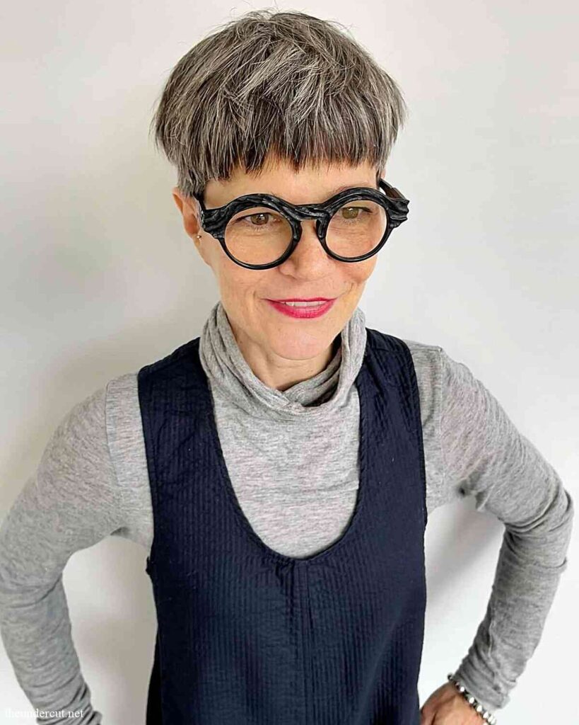 grey bowl cut with micro bangs for women aged 60 with thicker locks