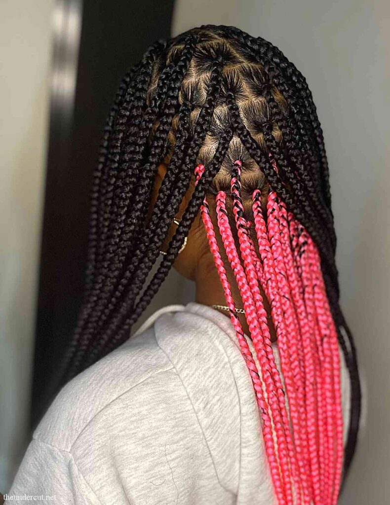 knotless boho braids with pink peekaboo strands