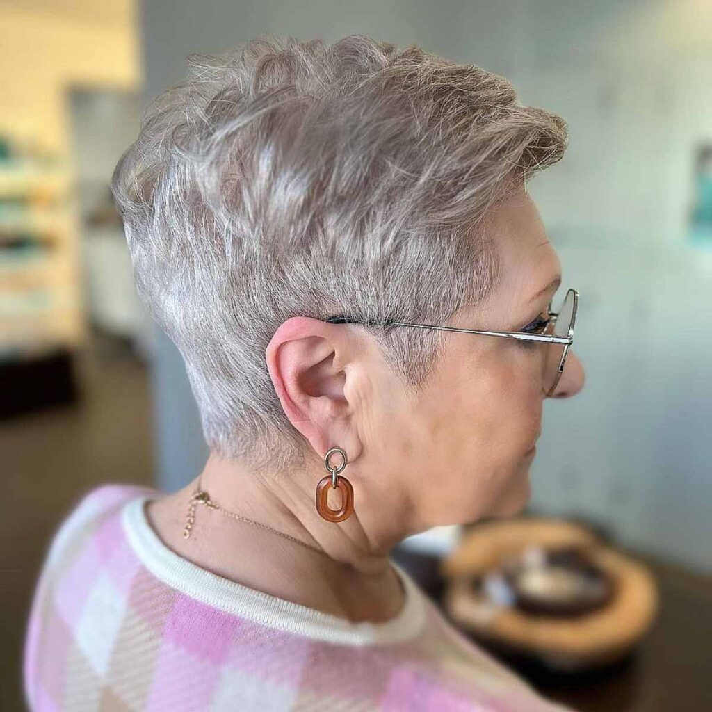 light toned smokey silver grey pixie on older ladies with glasses