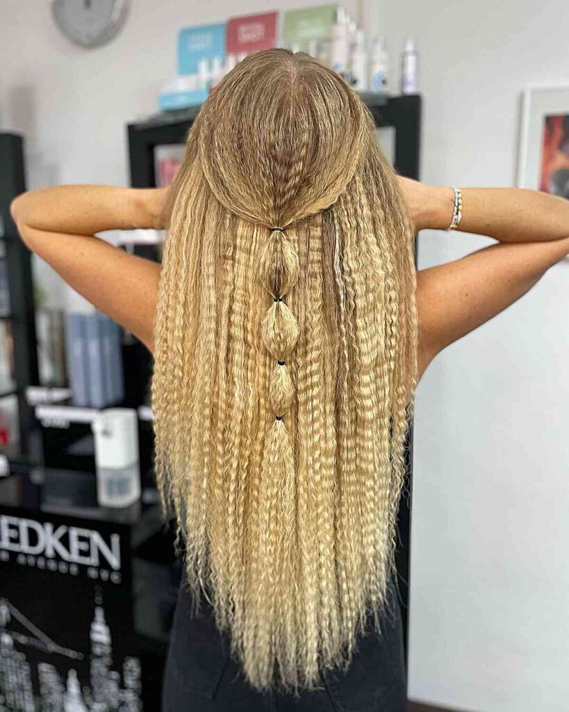 long half up crimped hair for festivals and parties
