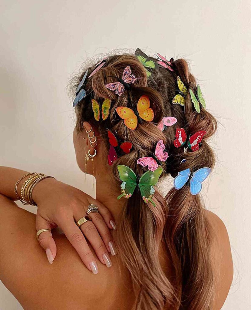 low pigtails with butterfly clips for festivals