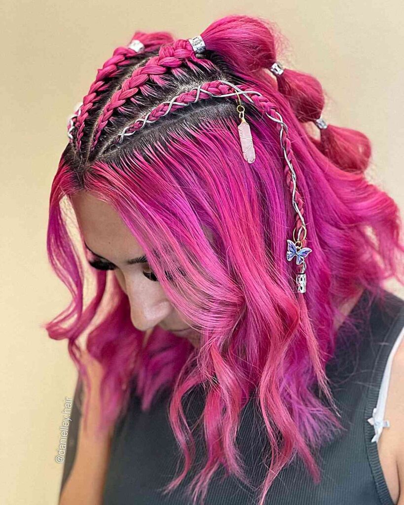 medium length hot pink hair with braids for festivals