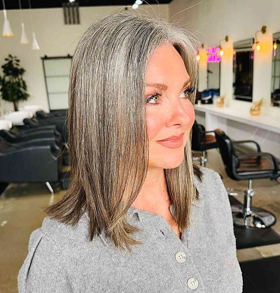 natural grey to brown ombre hair on older ladies with grey strands