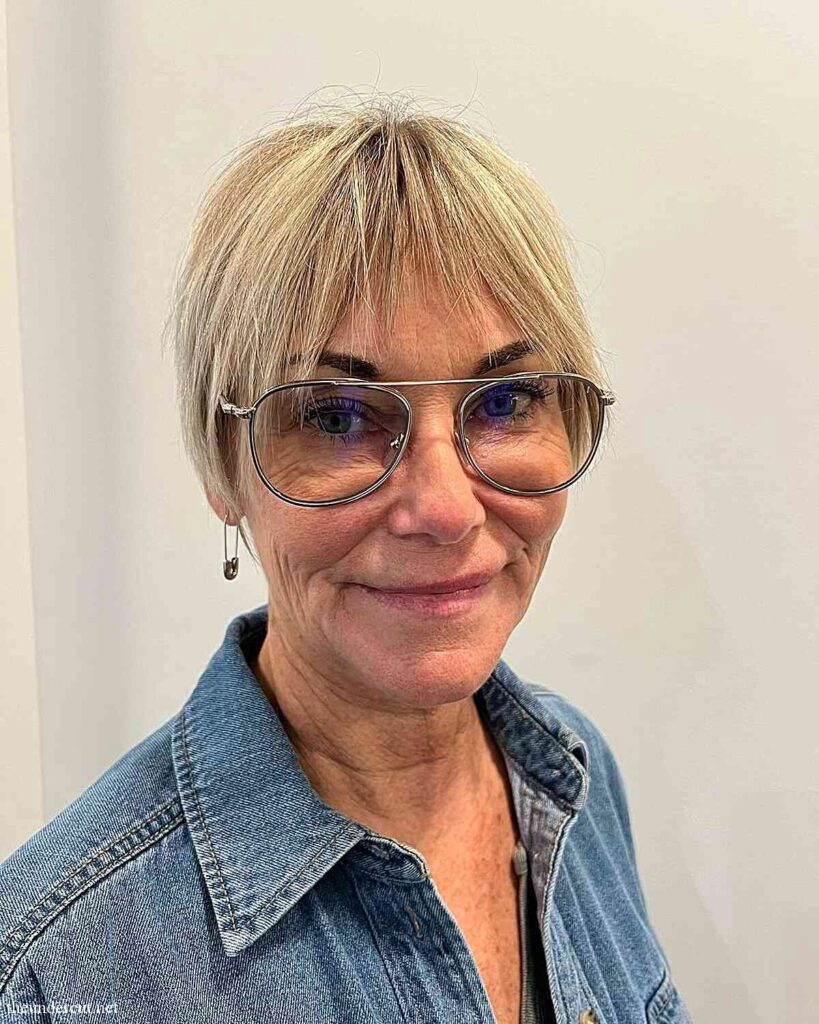 pixie haircut with french bangs for women in their 50s with glasses