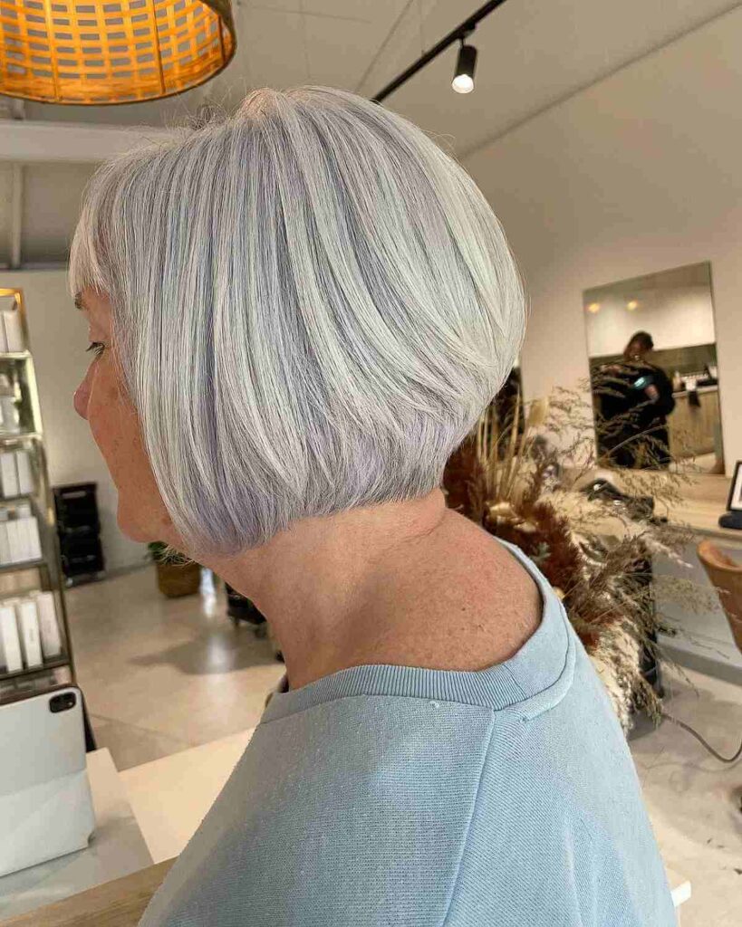 rounded bob on silver blonde hair for older women