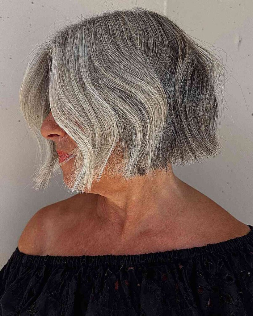 salt and pepper micro bob for older women with grey hair