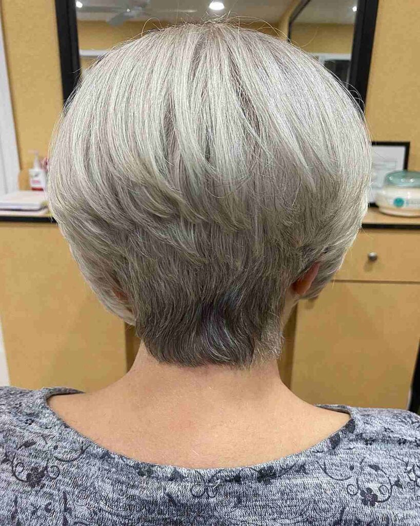 short silver white haircut with stacked layers for old ladies