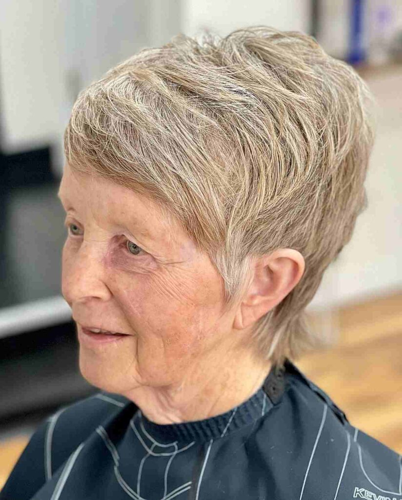 side swept short pixie haircut for an old woman