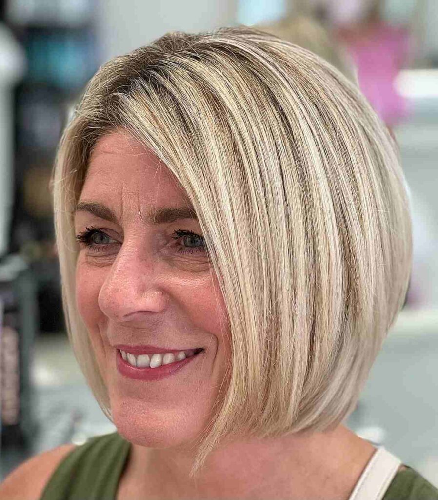 sleek blonde hair with above the shoulders cut for older women