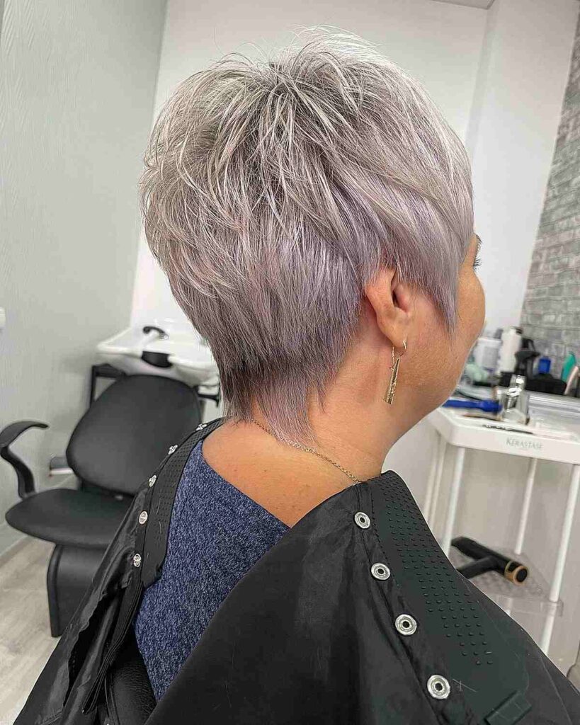 soft silver pixie with crown layers on mature ladies with grey hair