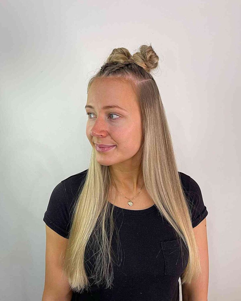 straight hair with top braids and buns for festivals