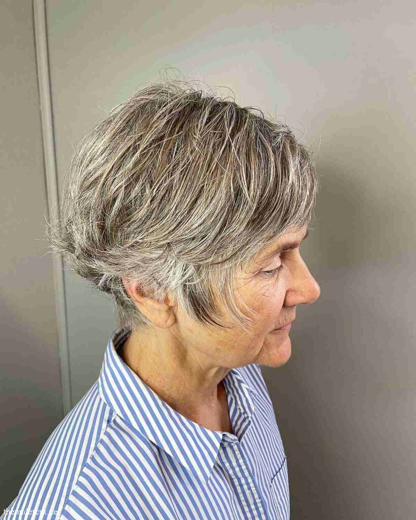 textured short thick haircut with tousled layers on women over 60
