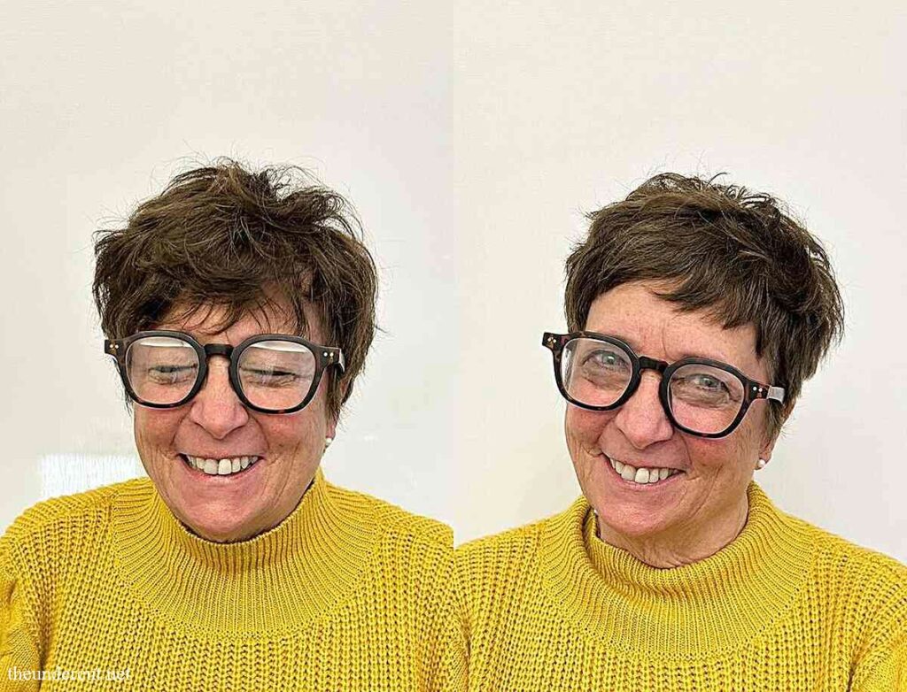 tousled pixie with mini bangs for women aged 50 with specs