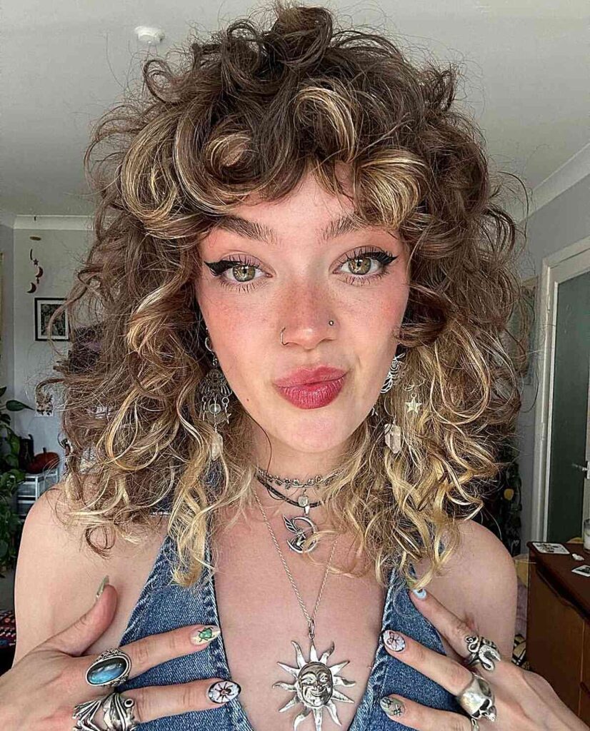 vintage 90s style medium curly shag and bangs