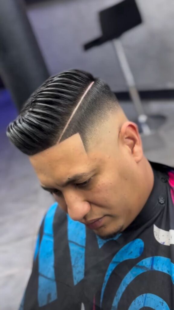 Drop Fade with Hard Part and Comb Over 1