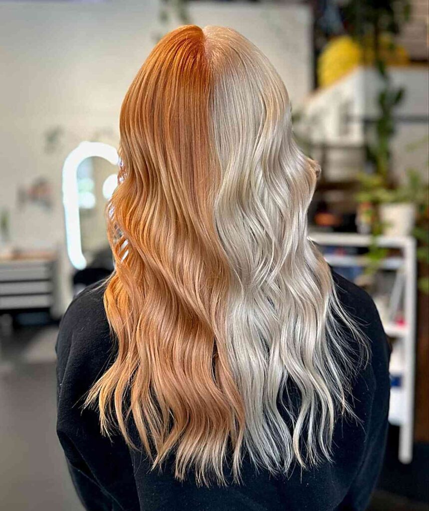 light copper brown and cool blonde split hair
