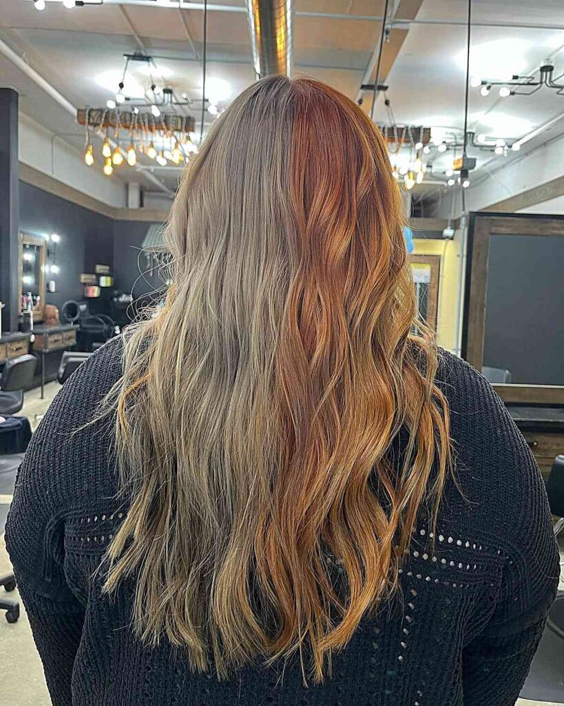 mushroom copper brown and blonde split hair dye with loose waves