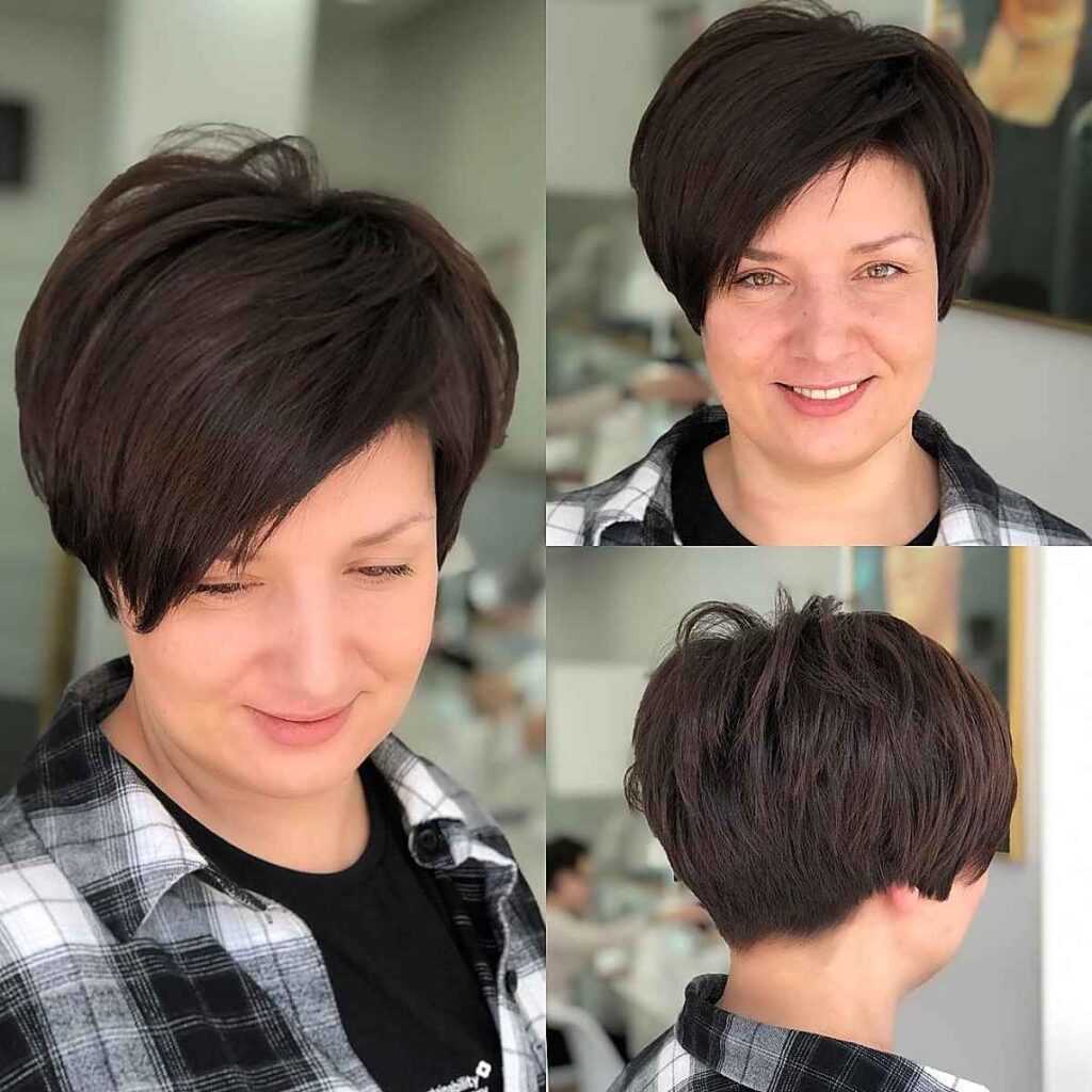 sleek long pixie with side swept bangs for ladies and over